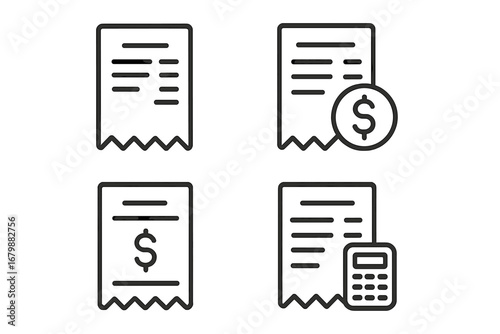 Receipt icon set. Bill, invoice and payment line icons. Financial transaction, checkout slip, and order summary vector collection. Accounting and bookkeeping symbols.