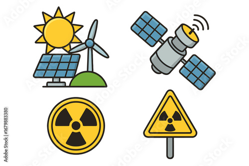 Energy sources icon set. Renewable green power, solar panel, wind turbine. Satellite communication technology. Nuclear radiation hazard warning sign. Cartoon vector illustration.