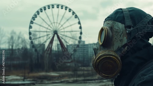 ai generated video of chernobyl ukraine nuclear disaster aftermath: man with gas mask in radioactive suit standing in lost place ghost town with ferris wheel in background