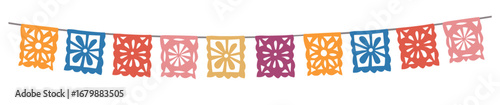 Colorful papel picado garland banner. Taditional Mexican decorative party flags, bunting. Cinco de Mayo, fiestas or Day of  Dead Dia de Muertos celebrations. Flat vector isolated on  background.