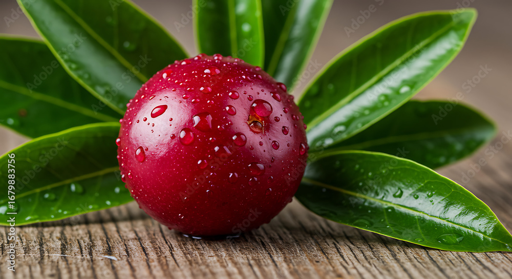 Obraz premium Red camu-camu with fresh green leaves on a rustic wooden background