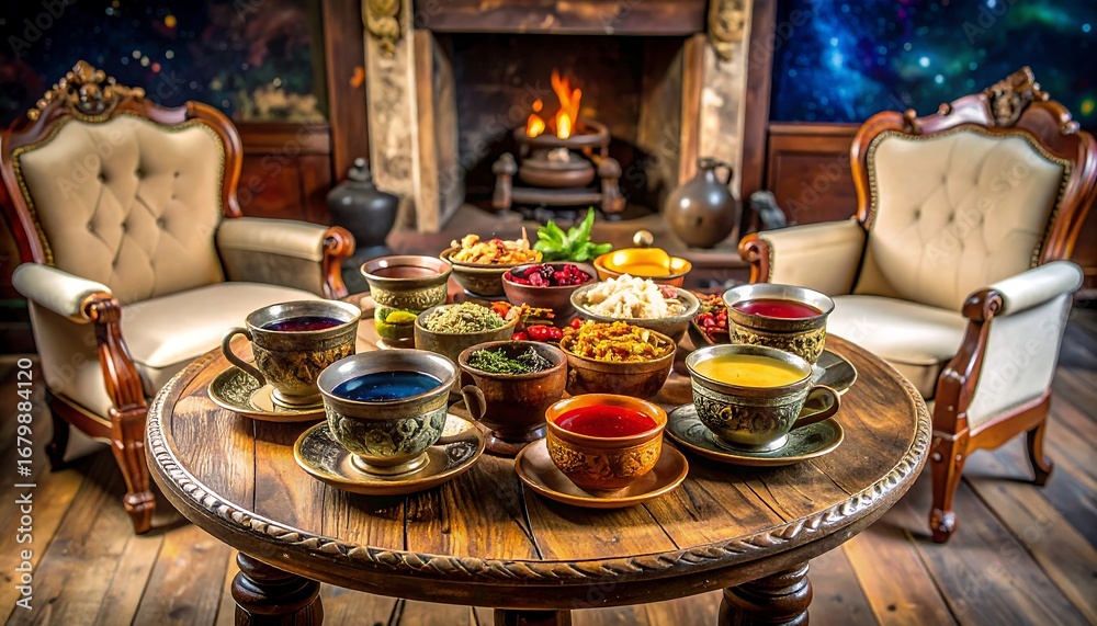 Naklejka premium Colorful teas and herbs around a fireplace
