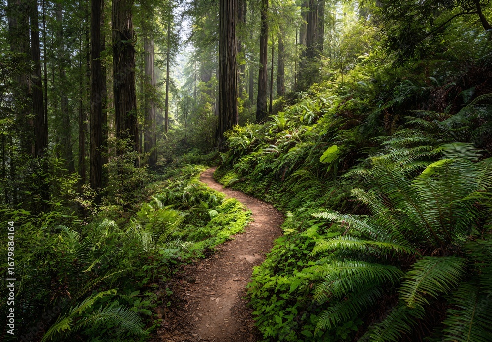 Fototapeta premium Forest Path Through Lush Greenery A Tranquil Journey in Nature's Embrace