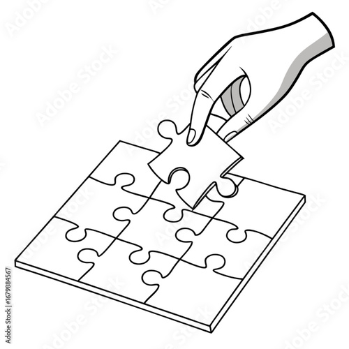 Hand Placing the Last Piece of a Jigsaw Puzzle, Completing the Picture