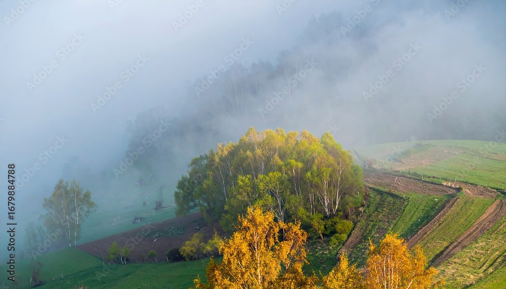 Fototapeta premium Misty Meadow Dawn: Pastel Sunrise Over Rolling Hills