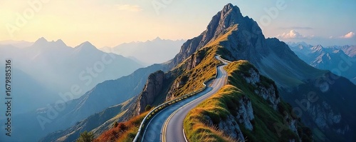 A winding road ascending a mountain, symbolizing the journey of career progression and the challenges overcome to reach the summit of success , scenic, steps, strategy