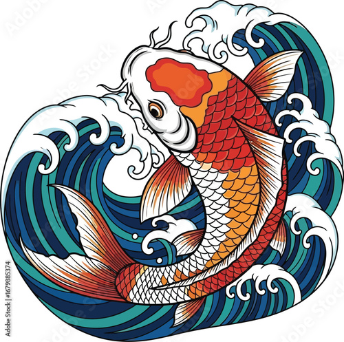 Illustrated koi fish with orange and white scales swimming in stylized blue and white waves design