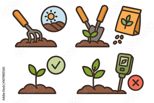 Garden and planting process icon collection. Vector symbols for agriculture stages: soil preparation, sowing seeds, plant growth, and health testing with a soil meter tool.