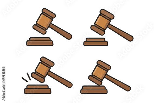 Judge gavel and block icon set. Cartoon vector illustration. Justice, law, and auction hammer symbol. Courtroom authority, verdict, and judgment concept. Legal decision icon.