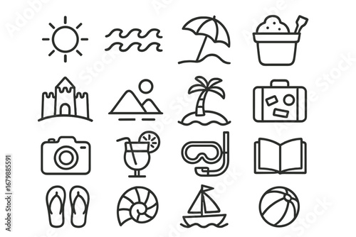 Summer beach vacation line icon set. Travel, holiday and relaxing thin line icons. Sun, sea, palm tree, sandcastle, cocktail, book, camera vector graphic elements collection.