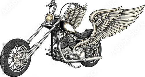 Illustration of a chopper motorcycle with wings on a white isolated background