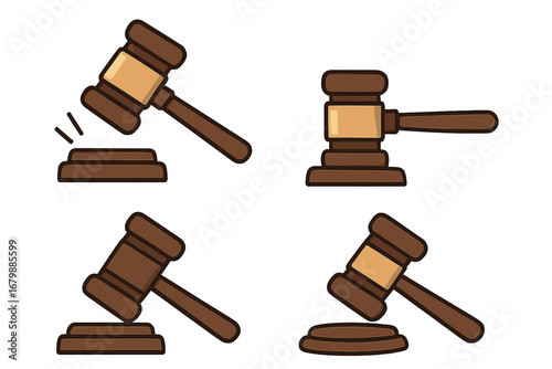 Judge gavel and sound block icon set. Vector cartoon illustration of a wooden hammer for law, court, or auction. Legal symbol of justice, authority, and verdict decision.