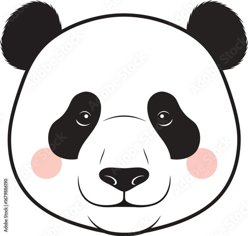Illustration of a panda head with black ears eyes and nose on a white background with pink cheeks
