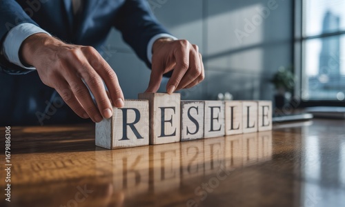 Close-up of hands arranging wooden blocks spelling 