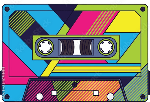 A colorful retro cassette tape with geometric shapes and stripes on a transparent background design element