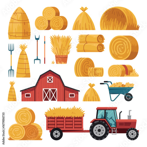 Farm harvest scene with barn tractor hay bales and tools
