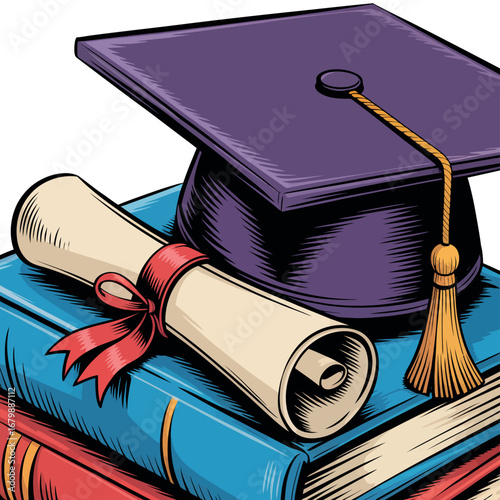 Graduation cap and diploma on stack of books symbolizing education and achievement