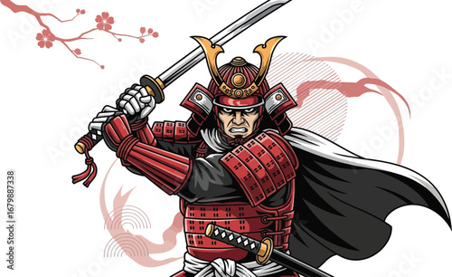 Illustration of a fierce samurai warrior in red armor wielding a katana with a determined expression