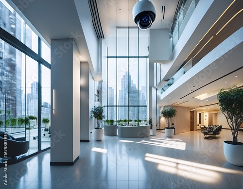 security camera mounted on a wall monitors a modern bright lobby with large windows and sleek interior design ensuring safety and surveillance