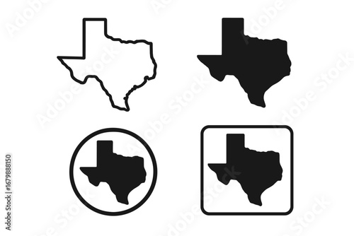 Texas map icons set. Vector collection of Texas state silhouettes and outlines. USA state border graphic symbol. Black simple illustration isolated on white background for design.