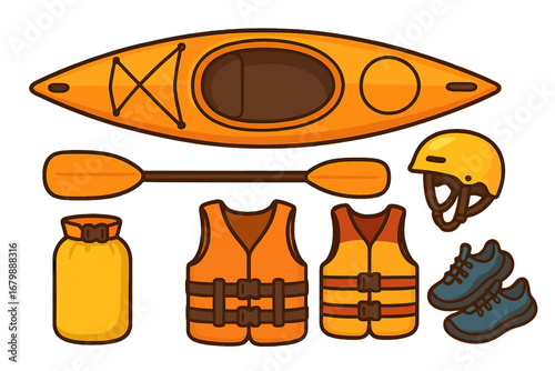 Kayaking gear flat lay. Kayak, paddle, life vest, helmet and dry bag. Outdoor adventure equipment set for water sport. Vector cartoon illustration for active tourism.
