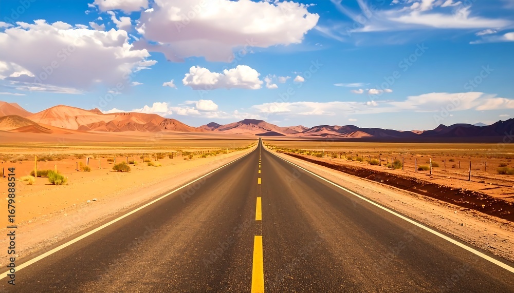 Fototapeta premium Straight road stretching into a desert landscape under a vibrant blue sky