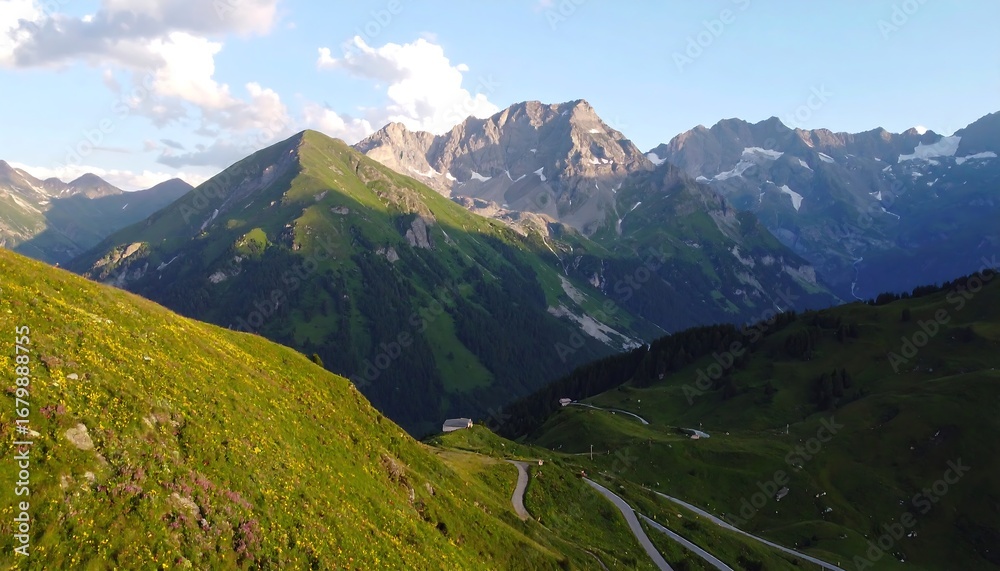 Fototapeta premium Majestic Mountain Range with Winding Road and Lush Green Slopes.