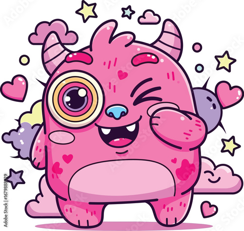 Illustration of a pink cartoon monster with one eye winking surrounded by hearts and stars on white