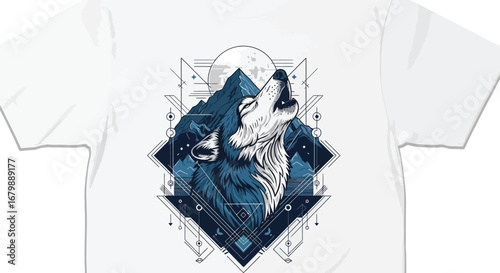 White t shirt featuring a howling wolf design with mountains and geometric shapes in a diamond pattern