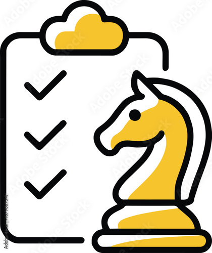 Vector art of strategic planning concept with a checklist and a chess knight, symbolizing business strategy, leadership, and decisionmaking