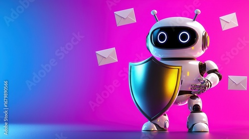 White Robot With Shield And Messages In Pink And Blue Backgrounds
