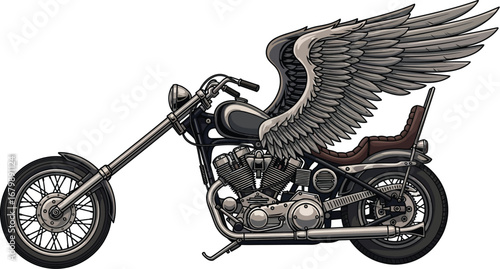 Detailed illustration of a chopper motorcycle with large feathered wings attached to the frame