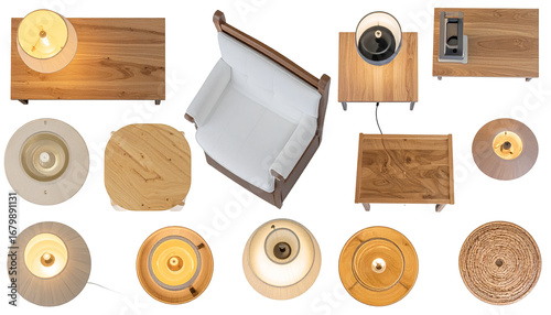 Overhead view of various furniture pieces chairs, tables, and lamps arranged in a stylish composition