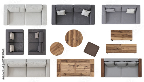 Overhead view sofas, tables, and cushions arranged, offering design inspiration