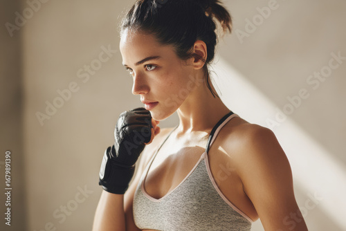determined girl is putting on her sports gloves in gym showcasing her focus and preparation