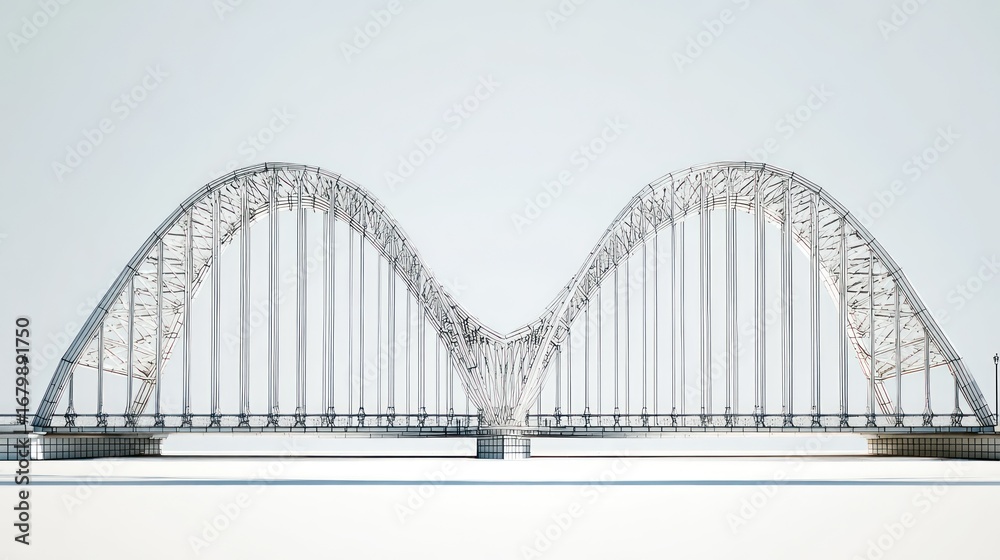 Fototapeta premium Steel arch bridge with complex truss, against a washed-out white sky