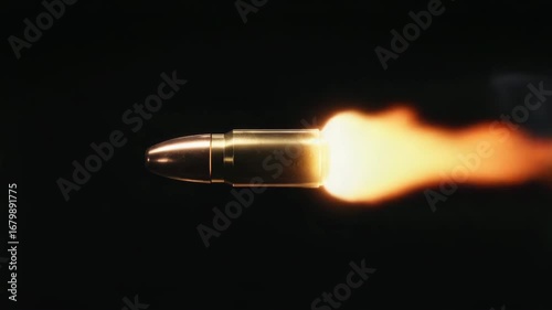 Bullet in motion shows expulsion of gas and flame