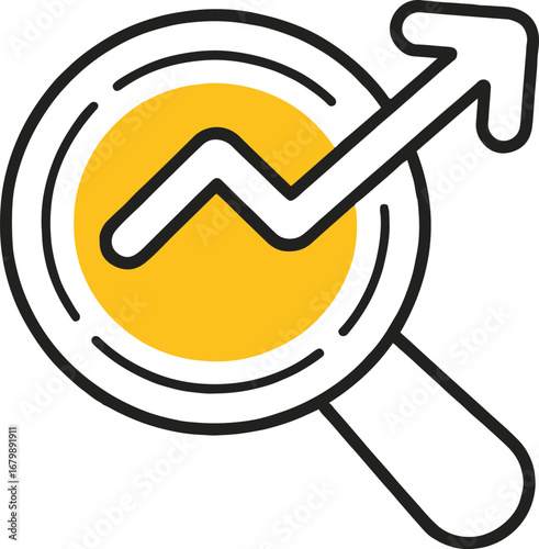 Vector art of magnifying glass with upward arrow, representing business growth, financial analysis, market trends, and investment opportunities for success and achievement