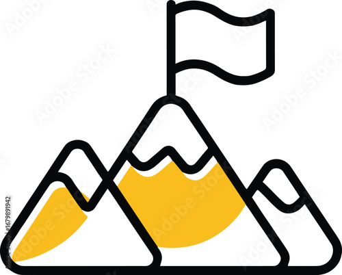 Vector art of mountain peak with flag, symbolizing achievement, success, and overcoming challenges to reach goals and milestones with determination and leadership