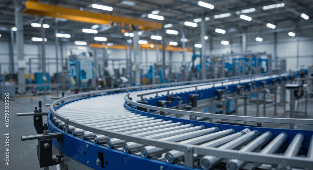 Fototapeta premium Automated conveyor system transporting materials. Streamlining the manufacturing process with modern technology and efficiency.