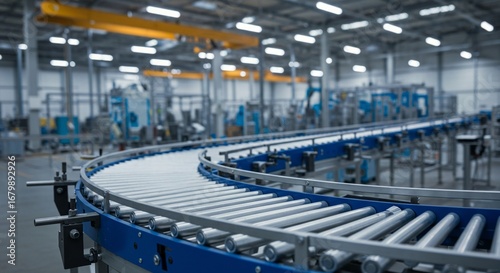 Automated conveyor system transporting materials. Streamlining the manufacturing process with modern technology and efficiency.