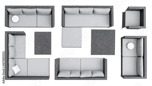 Overhead view of modern outdoor furniture arrangement, showcasing various seating options with textures