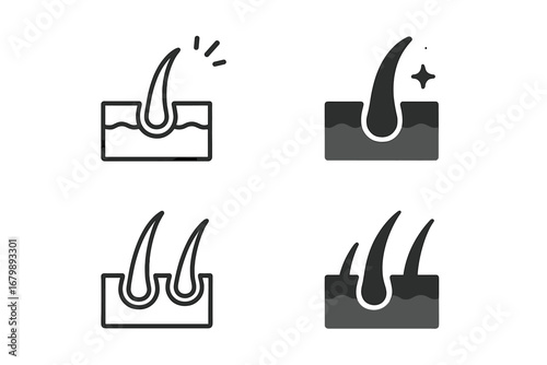 Hair follicle vector icon set. Dermatology, skin and scalp care symbol. Concept for hair growth, health, restoration, loss treatment. Strong shiny hair root illustration.