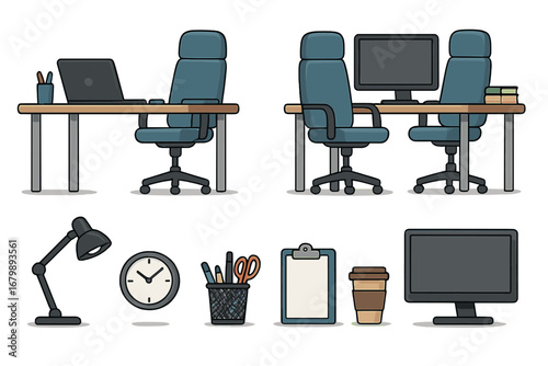 Office furniture and modern workspace accessories set. Vector illustration collection with desks, ergonomic chairs, computer, laptop, lamp, clock, and business work items.