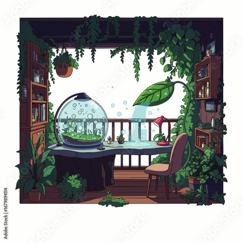 A serene and lush indoor garden space featuring a unique terrarium, a cozy desk, and abundant green foliage creating a peaceful natural sanctuary.
