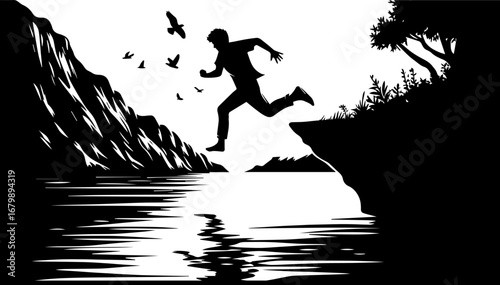 A black and white illustration of a man who jumps into the water from a steep bank. Vector graphics. EPS.