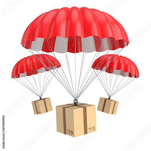 Boxes descend with parachutes, black bg, use emergency delivery