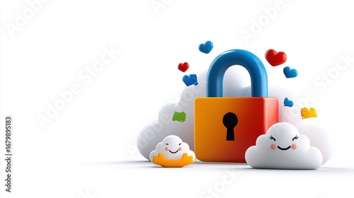 Colorful Padlock Among Cartoon Clouds and Hearts 3D Render