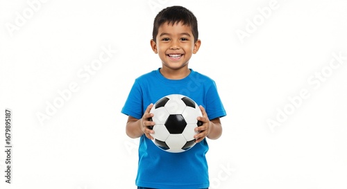 Smiling boy in blue t-shirt holding a soccer ball against a white background, looking at the camera with a happy expression.