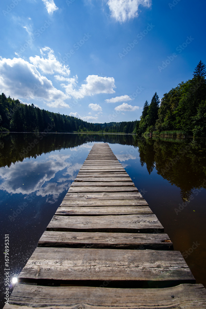 Obraz premium Wooden pier at the peaceful lake with at sunny summer day with blue sky and forest background